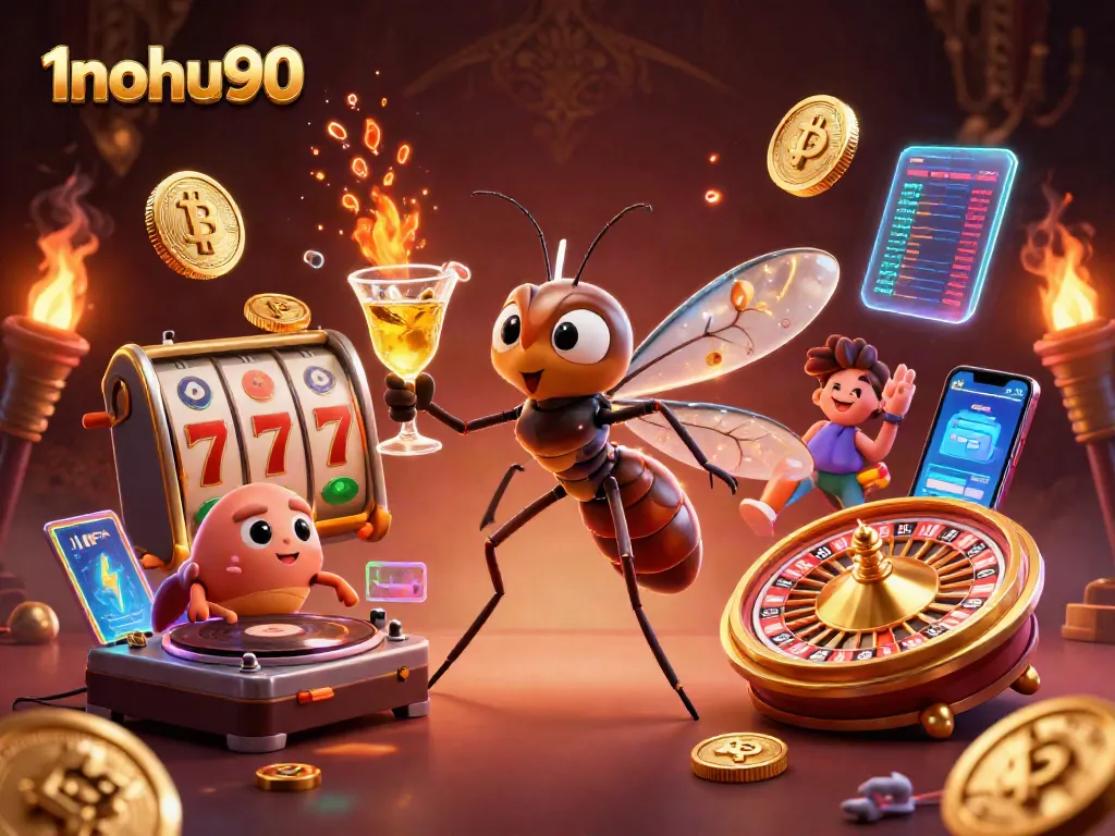 Experience exciting wins at 1nohu90 with vibrant casino elements like slot reels and crypto coins.