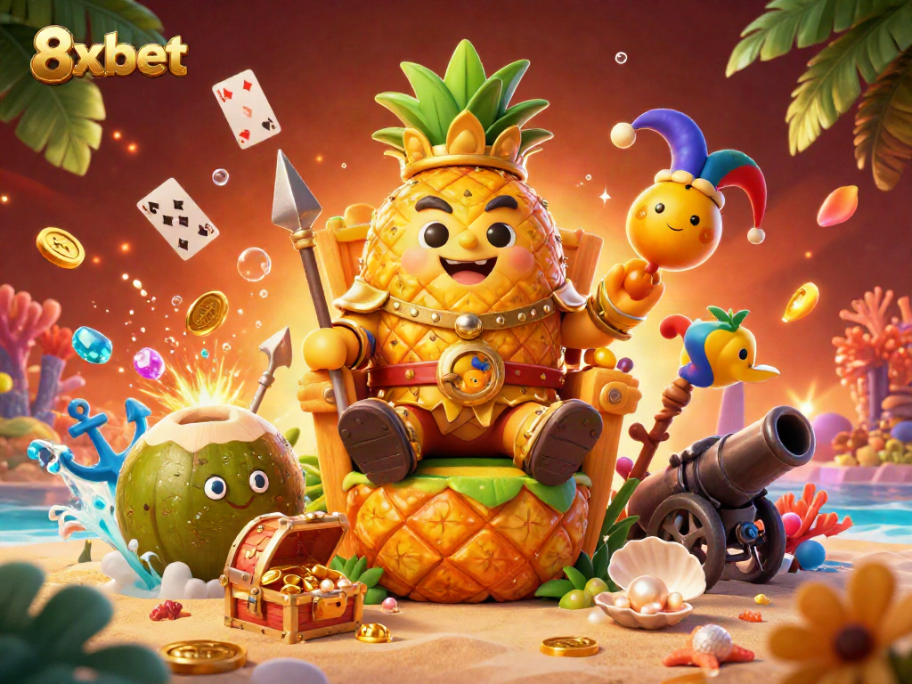 Engage with 8xbet's vibrant beach casino scene featuring a golden pineapple king and dynamic game elements.