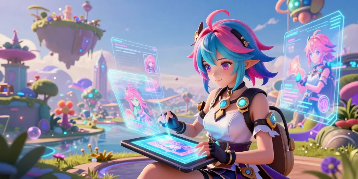 AI ecchi character creating digital art in a vibrant fantasy landscape.