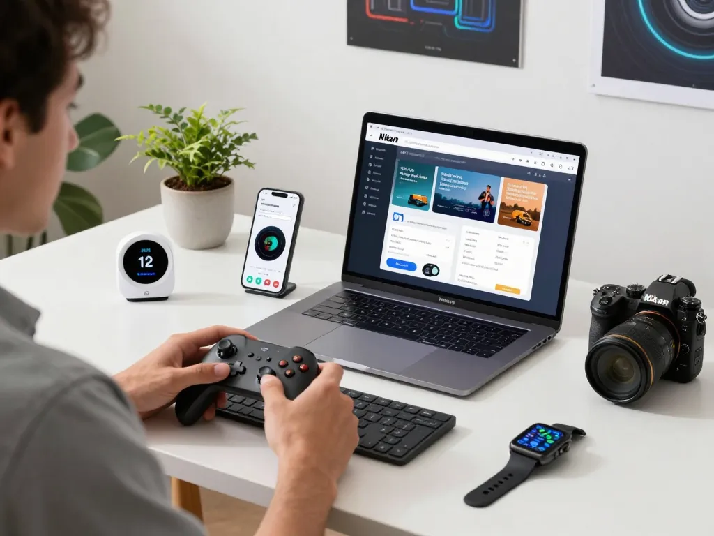 Tech enthusiast showcasing unique tech gadgets like a Bluetooth controller and smart devices in a modern workspace.