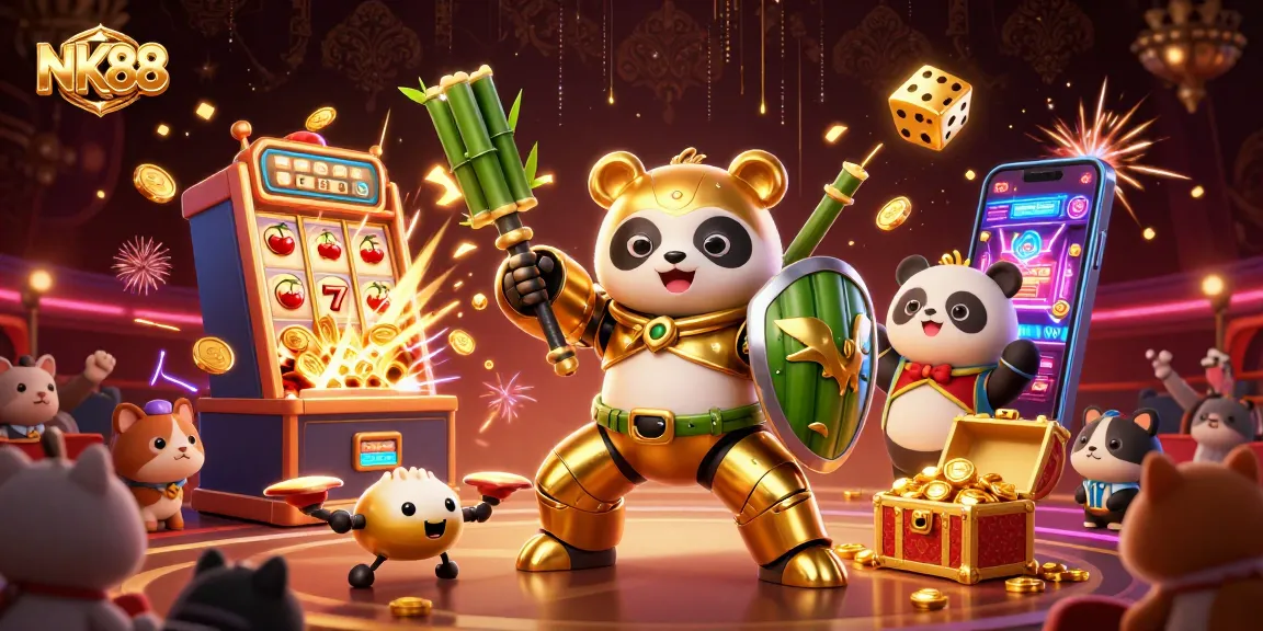 Join the excitement at NK88 with a dynamic illustration of a golden panda battling in a casino arena.