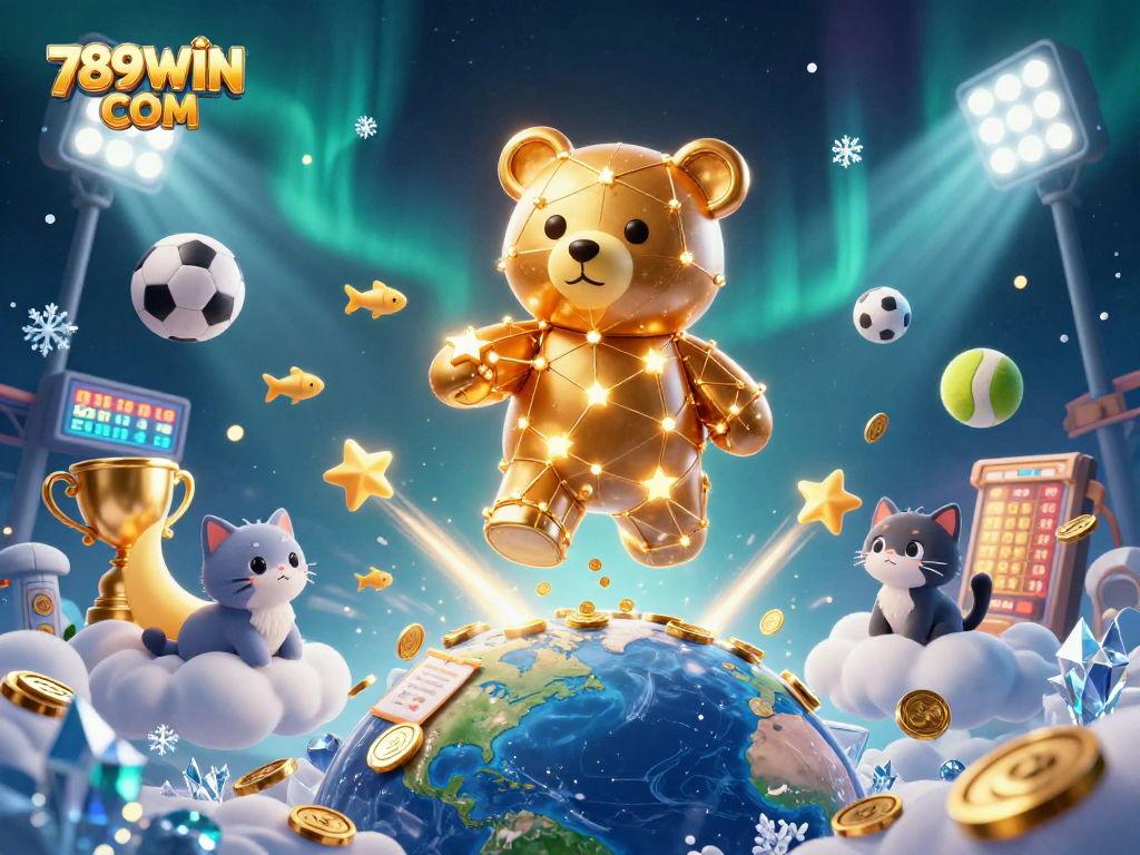 Bet on big wins with 789WIN COM: dynamic illustration of a constellation bear, sports elements, and shining coins.