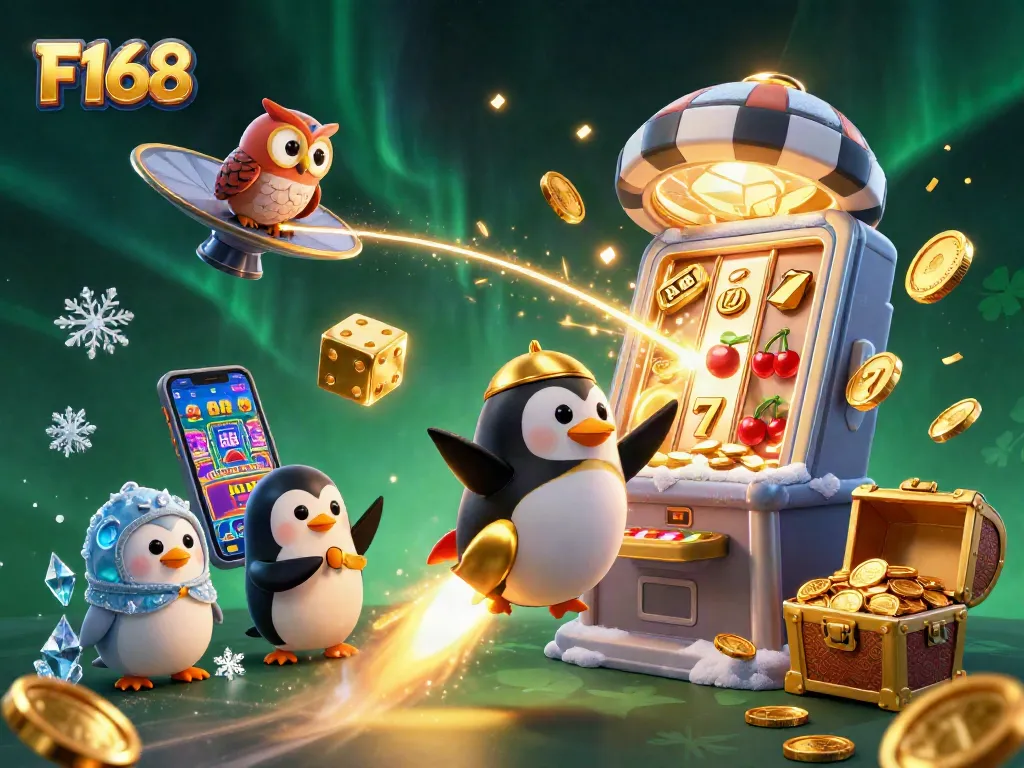 Experience the thrill of F168 gaming with a dynamic scene featuring a golden penguin and jackpot action.