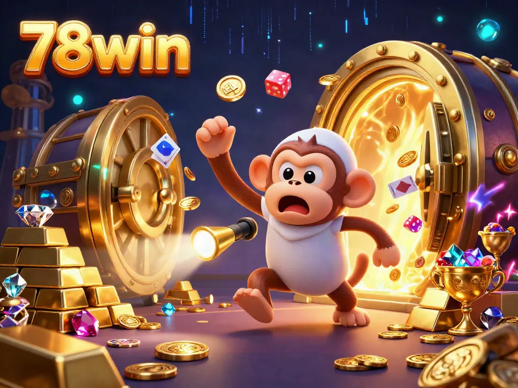 Explore the lively 78win casino scene with a mischievous monkey and a curious puppy tracking golden treasures.