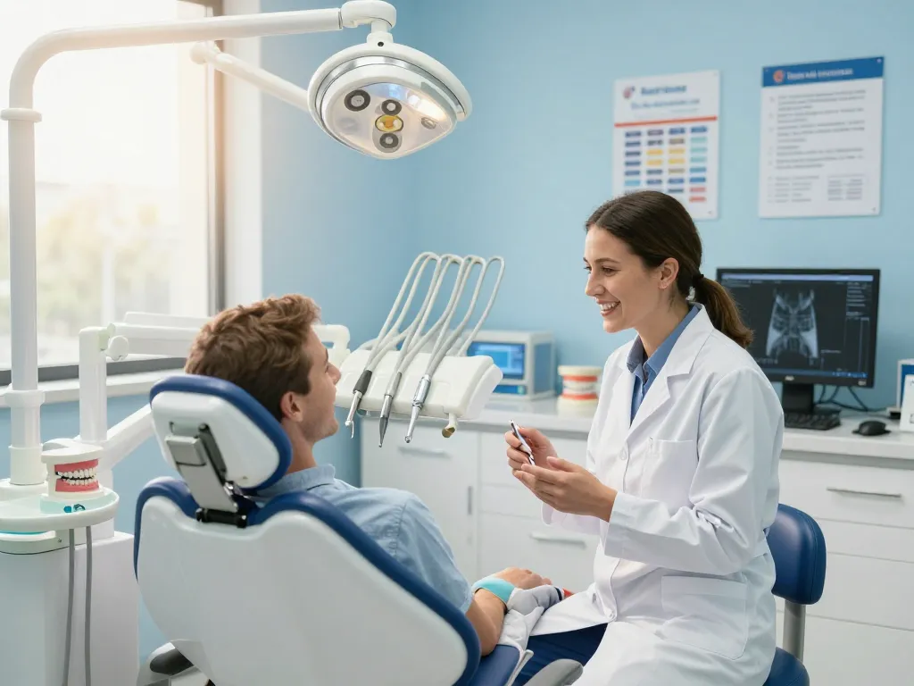 dental clinic near me - friendly dentist consulting with patient in modern examination room.