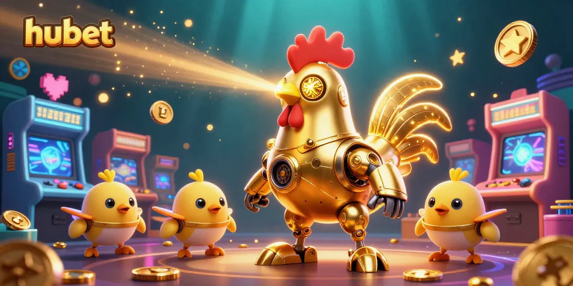 Experience the excitement of hubet with a vibrant illustration showcasing a golden rooster robot and baby chick drones.