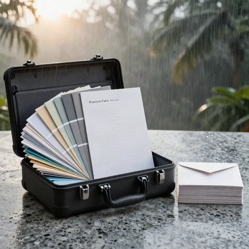 Kit identiti jenama premium di atas batu basah dengan sampel warna dan buku panduan.