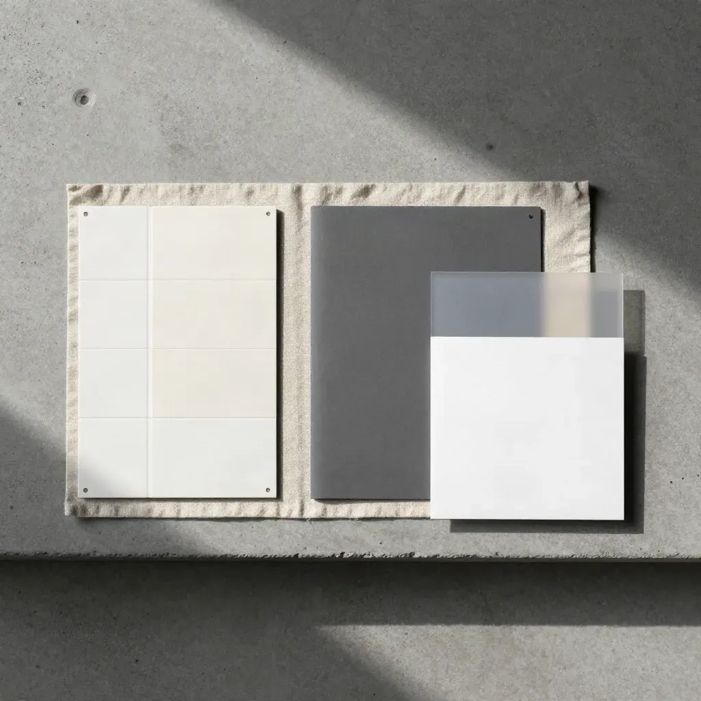 Flatlay kit identiti jenama dengan tile logo putih, sampel warna dan folder di atas konkrit kelabu.