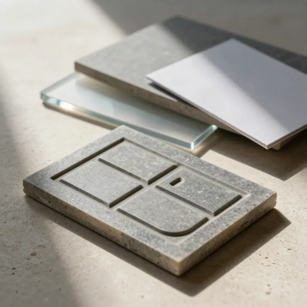 Tile logo geometri bertekstur di atas batu travertin dengan kad persembahan kosong.