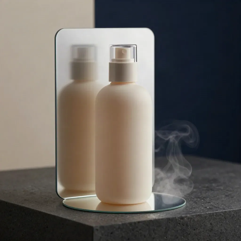 Botol prototaip 3D matte dengan penutup lutsinar, kad cermin dan cakera dasar di studio.