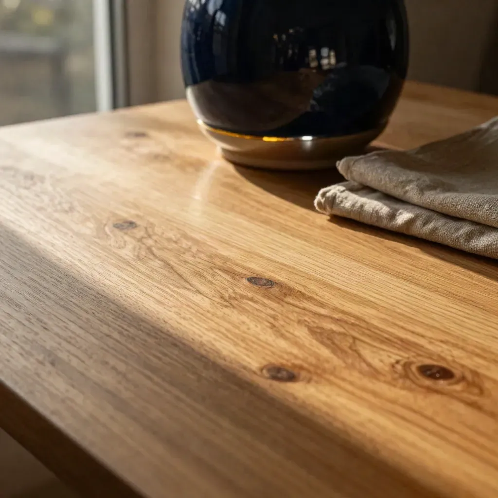 Permukaan kayu oak bercahaya keemasan dengan pasu seramik kabur dan aksen logam di atas.