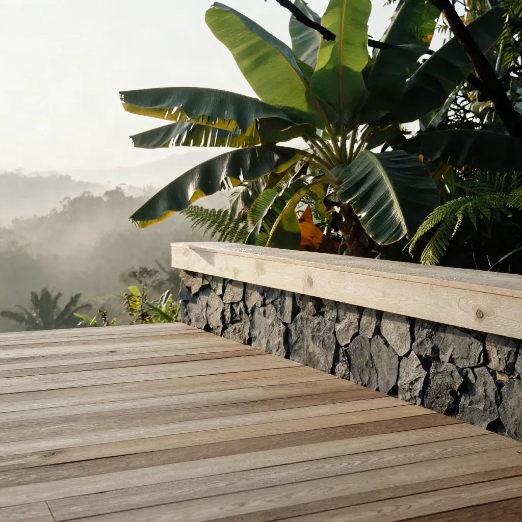 Deck kayu di lereng tropika dengan kabus subuh dan langit pucat