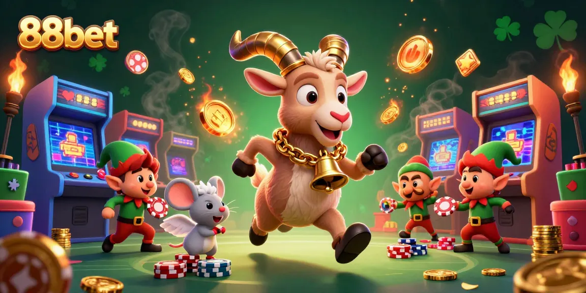 Engage with 88bet's thrilling casino scene featuring a Krampus goat, an angel mouse, and elf gremlins.