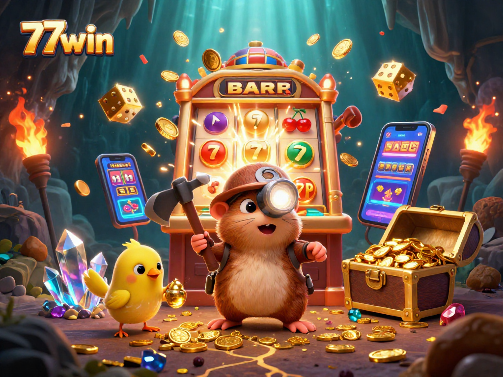 Experience 77win's thrilling gaming environment with an adventurous treasure hunter in a dynamic scene.