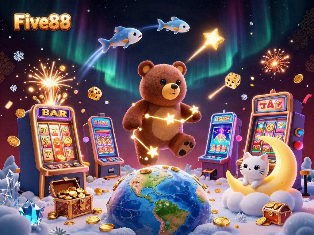 Experience the excitement of Five88 with a vibrant illustration of casino games and rich rewards.