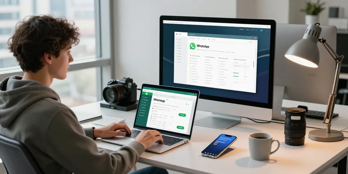 Professional using WhatsApp网頁版 on laptop in modern workspace with tech gadgets.