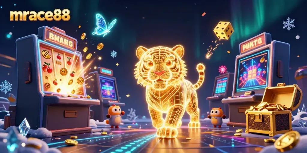 Experience thrilling action at mrace88 with neon-tiger amidst vibrant casino visuals.