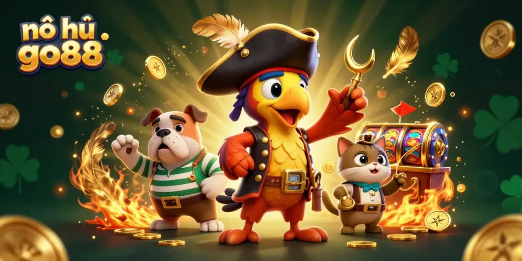 Nổ hũ go88 features an energetic scene with a pirate captain, bulldog first-mate, and cat navigator bringing dynamic thrill to gaming.