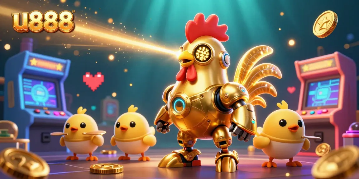 Experience thrilling gameplay at u888 with a vibrant scene featuring unique casino game icons and charming characters.
