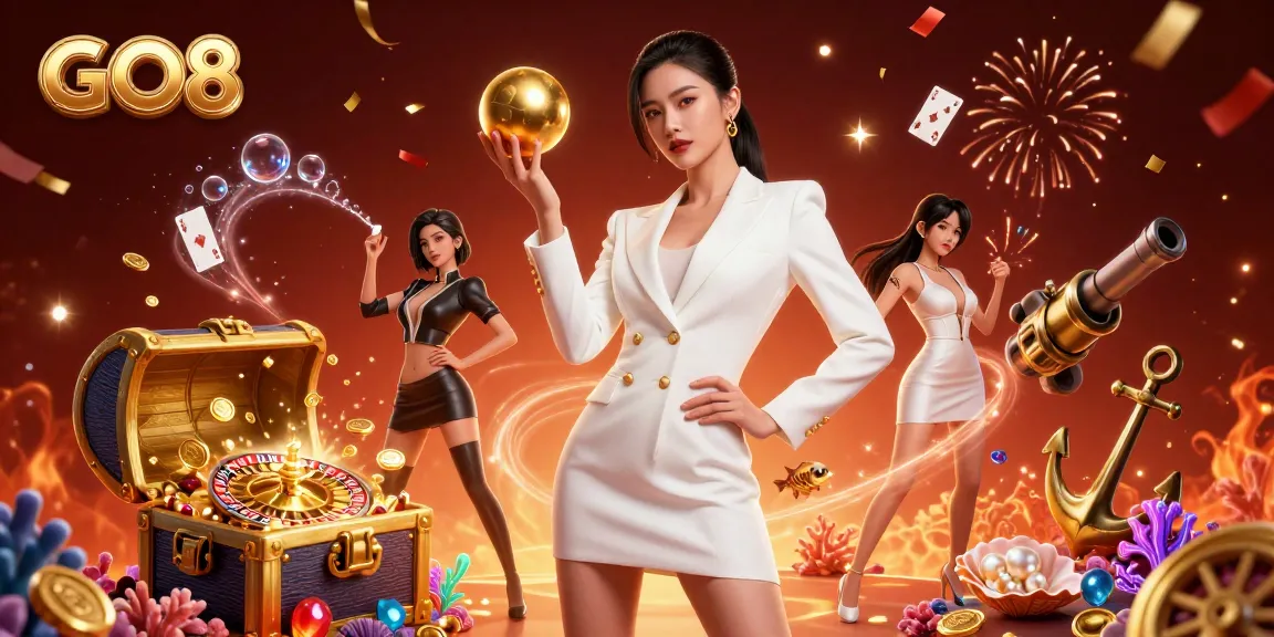 Engage with GO8's thrilling casino experience featuring a confident dealer, roulette, and sparkling gems.