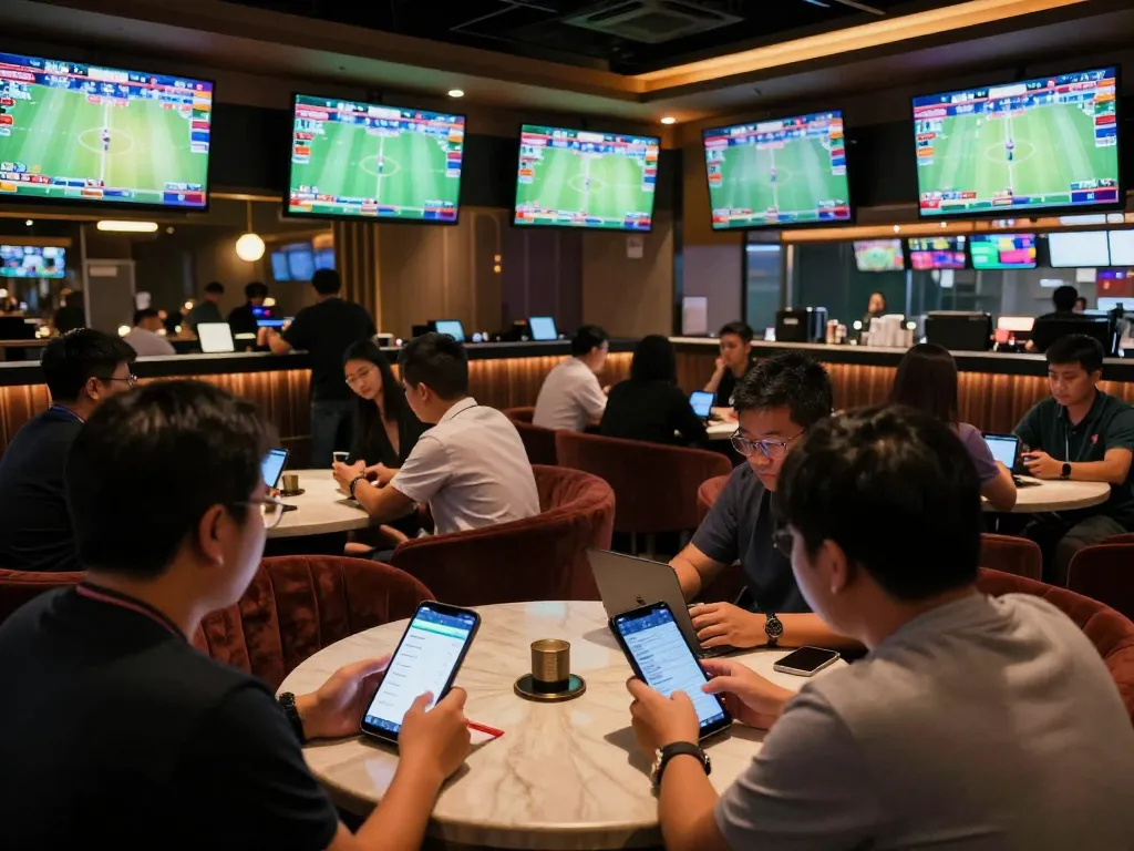Engaged bettors analyzing keo nha cai odds on digital devices in a lively sports betting lounge