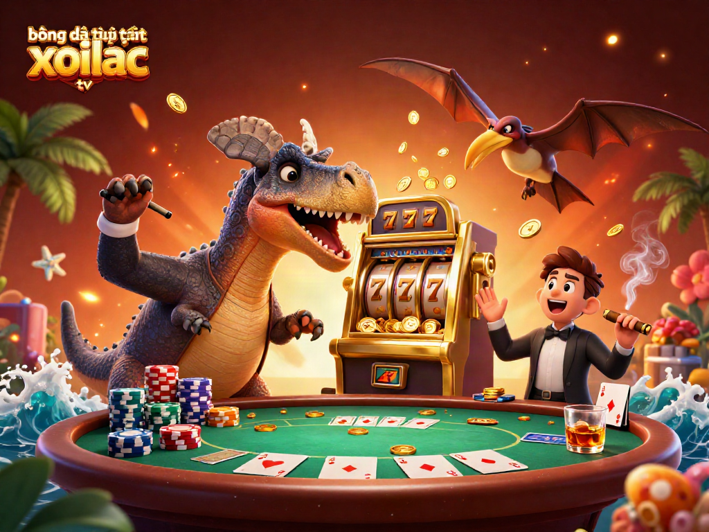 bóng đá trực tuyến xoilac tv showcases an exciting dinosaur-themed casino scene with gold coins flying around.