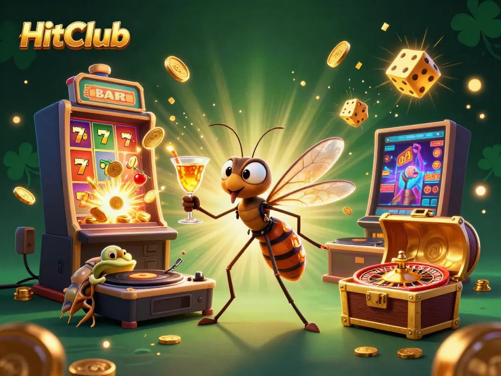 HitClub mascot bringing excitement to the casino scene with vibrant slot machines and golden treasures.