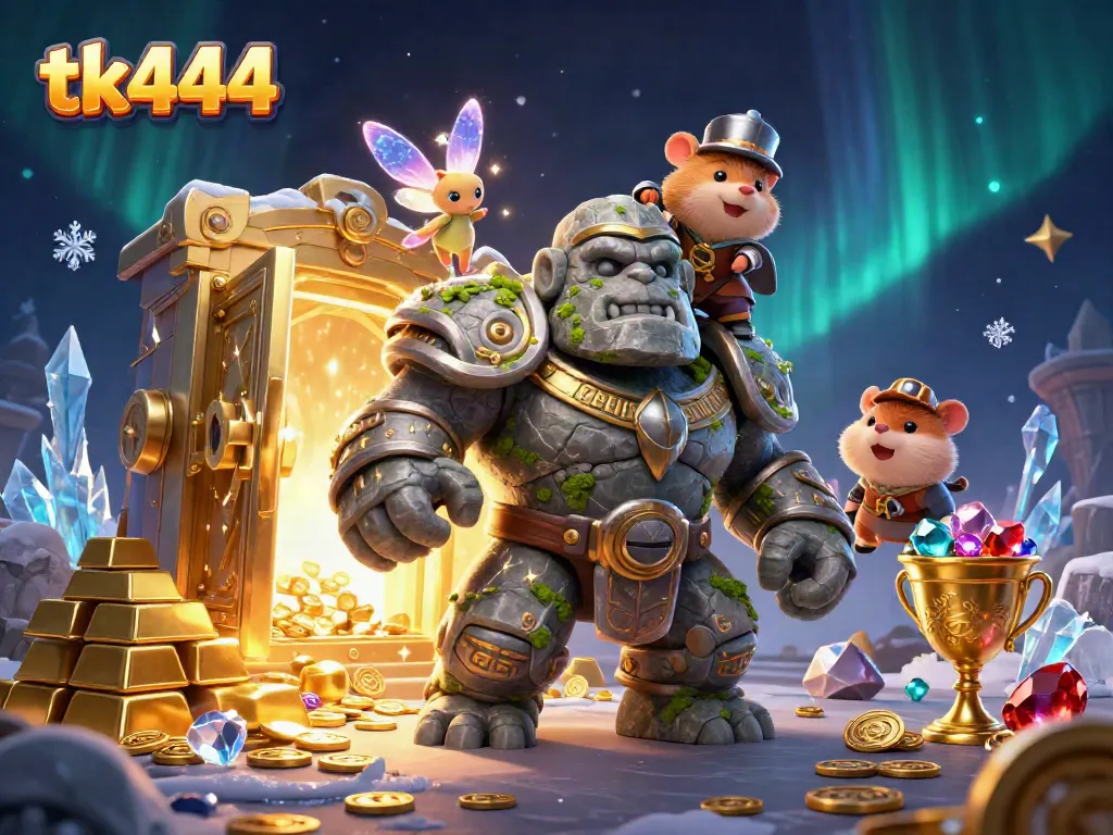 Engage in the vibrant world of tk444 as it showcases a magical casino adventure with a golem and knight.