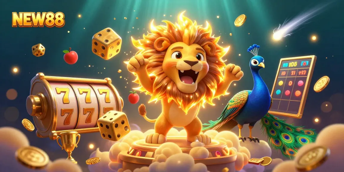 Win big with NEW88 in this vibrant, engaging casino-themed illustration featuring dynamic slot games and lively characters.