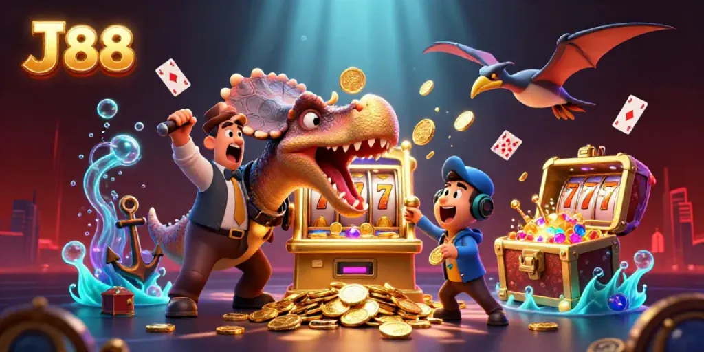 J 88 slots scene illustrated with a dinosaur and casino elements, exciting jackpot payout action.
