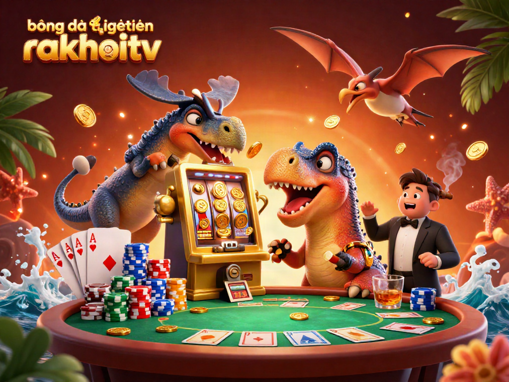 bóng đá trực tuyến rakhoitv showcases a vibrant casino scene with gambling characters and lively elements.