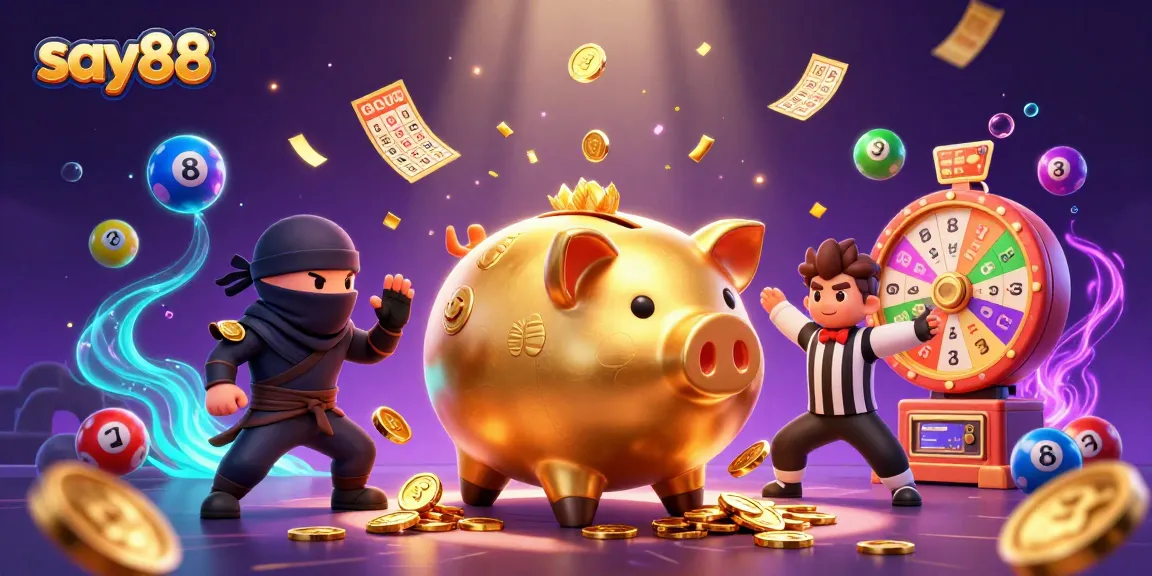 Experience a thrilling moment with say88 as the golden piggy bank sumo wrestler stomps and unleashes coins in a vibrant casino scene.