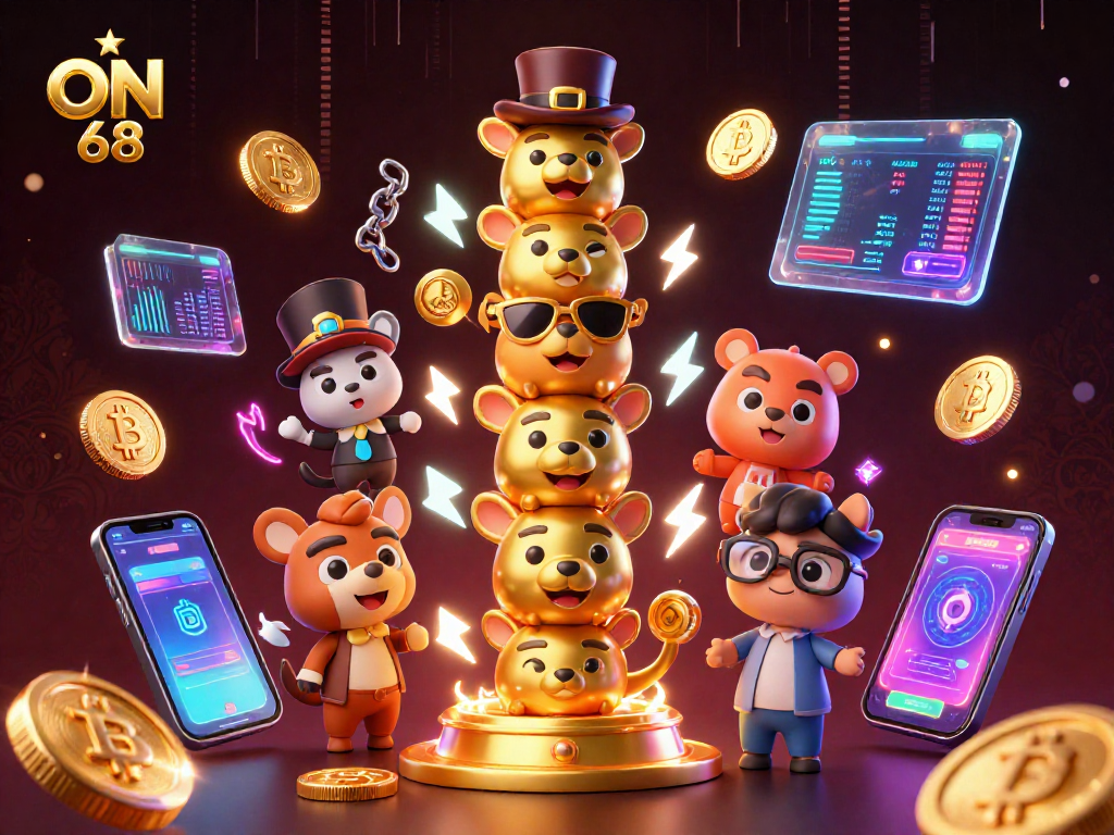 Join the excitement at ON68, featuring a vibrant 3D casino scene with animated totem pole and cryptocurrency elements.