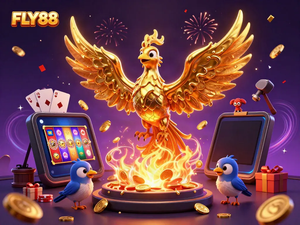 FLY88 showcases a molten gold phoenix and exciting casino elements, symbolizing thrilling gambling.