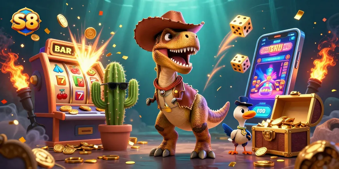 Engage with S8's thrilling gaming experience through a dynamic casino-themed illustration.