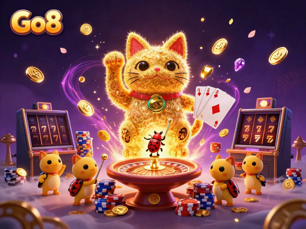Experience the thrill of Go8 with a giant lucky cat surrounded by casino symbols and vibrant gold.