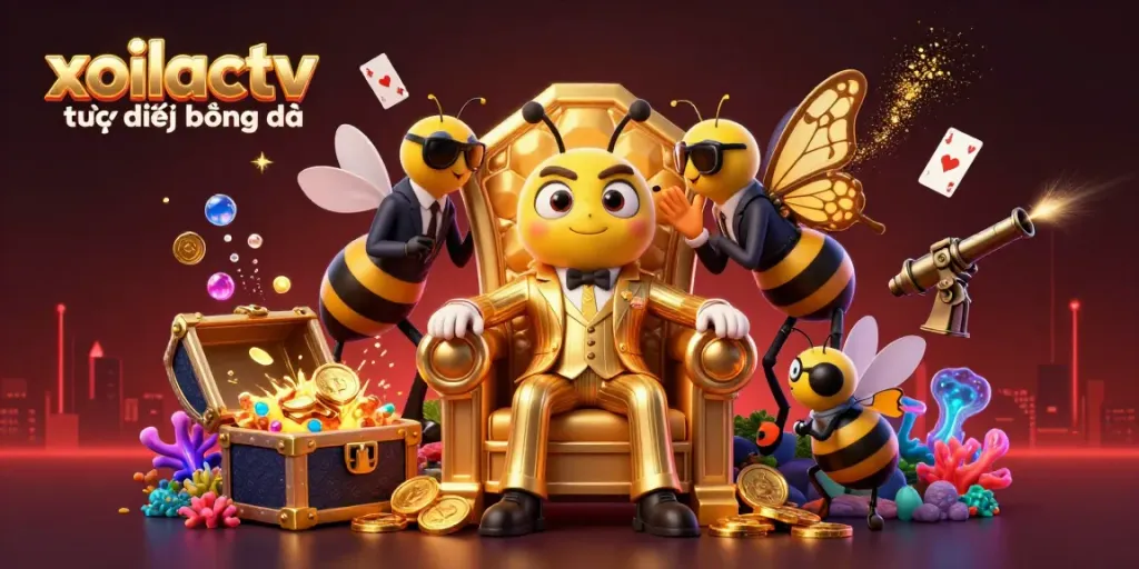 Experience immersive xoilactv trực tiếp bóng đá with a bumblebee mob boss surrounded by treasures and vibrant imagery.