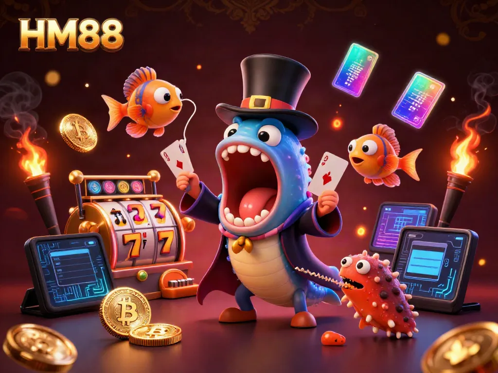 Experience magic with HM88 as underwater characters perform card tricks in a vibrant casino world.
