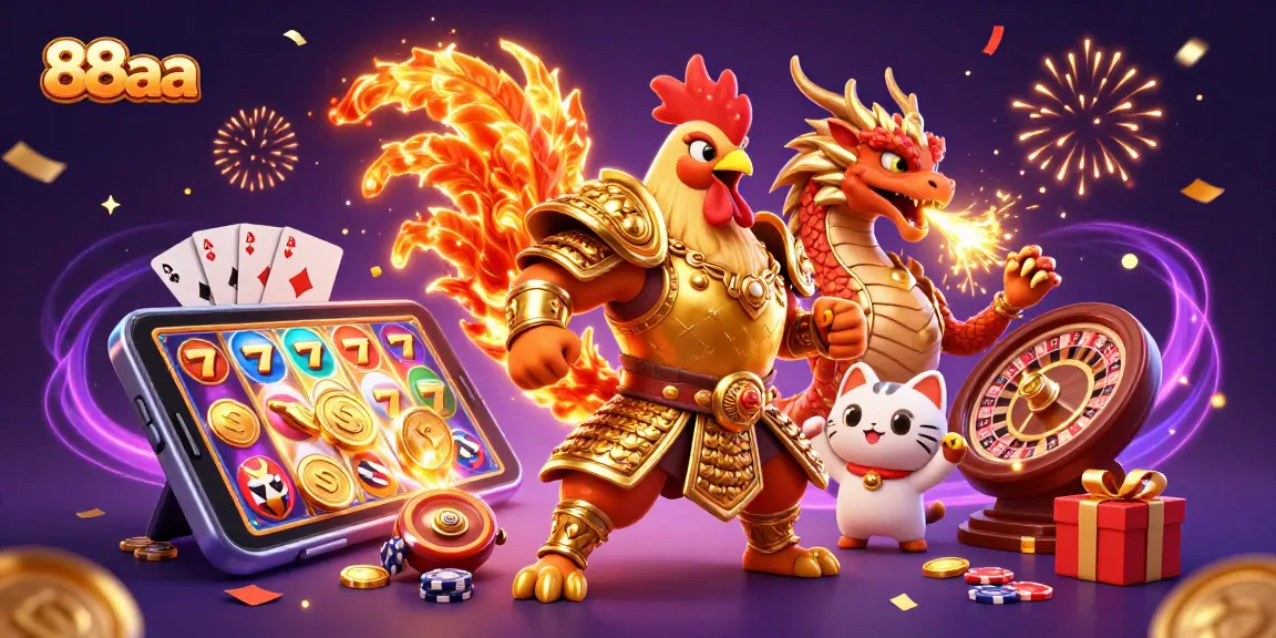 Engage with 88aa's vibrant casino world featuring a rooster warrior, dragon hatchling, and a fortune cat.