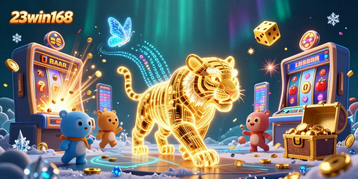 Experience the excitement of 23win168 with vibrant digital casino elements and a neon tiger!