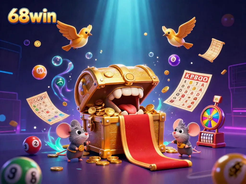 Engaging 68win casino scene with vibrant lottery elements and a treasure chest motif.