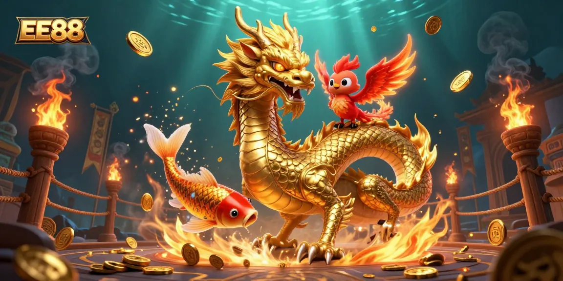 Engage with thrilling gameplay at EE88 featuring a dynamic dragon, phoenix, and koi fish amidst epic casino elements.