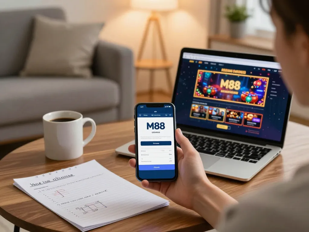 M88 casino login showcased on smartphone with notes in a cozy gaming setup.
