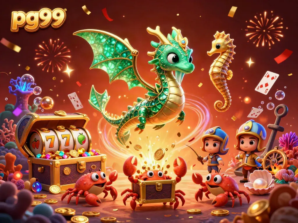 Engage with pg99's vibrant slot games featuring a sea dragon, treasures, and winning elements.