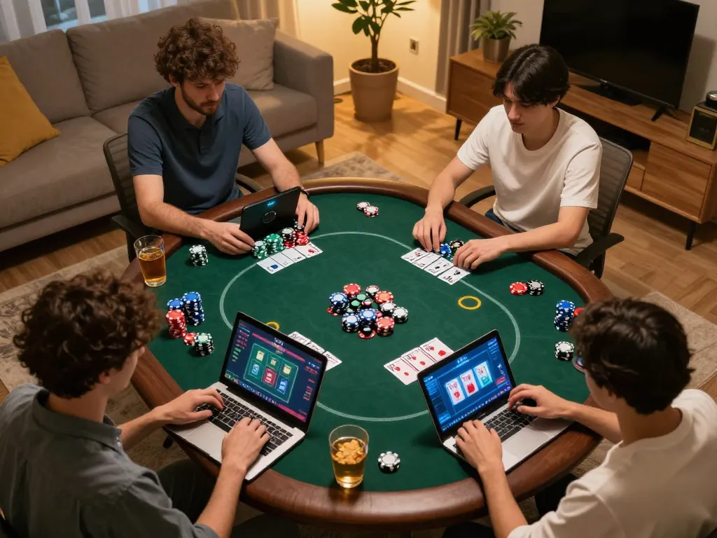 Engaging online poker gameplay at home with players focused on their screens, highlighting af88 strategies.