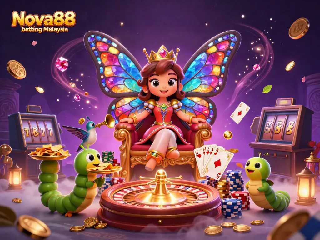 Experience the excitement of Nova88 betting Malaysia with a colorful casino scene featuring a butterfly queen.
