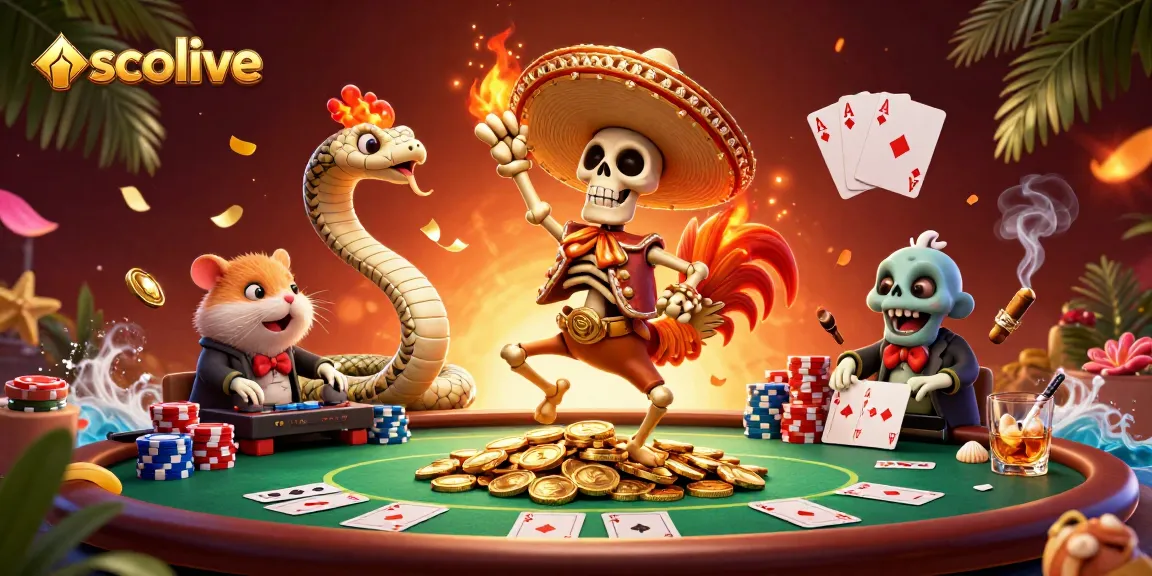 Socolive showcases vibrant gambling action with a lively mariachi rooster, mummy, and DJ hamster in a cartoon-styled poker scene.