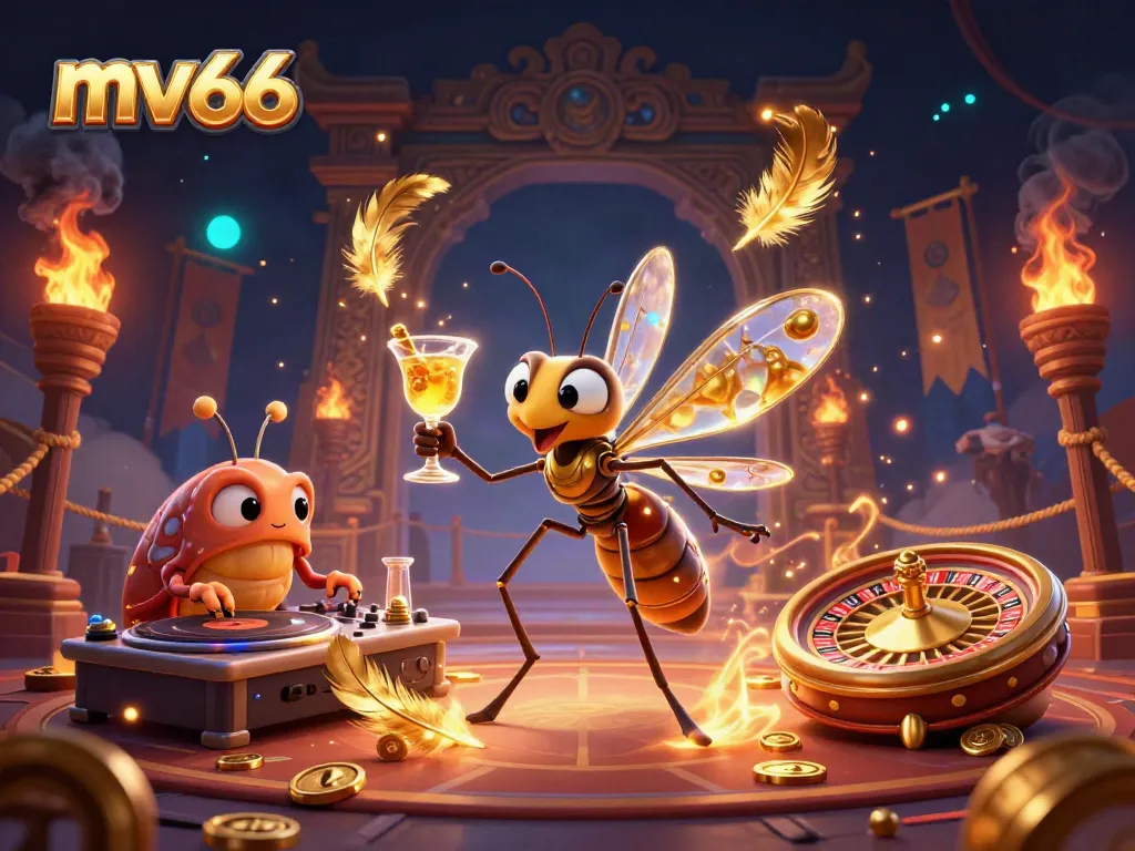 Engage with the exciting world of mv66, featuring a lively casino scene with unique characters and vibrant elements.