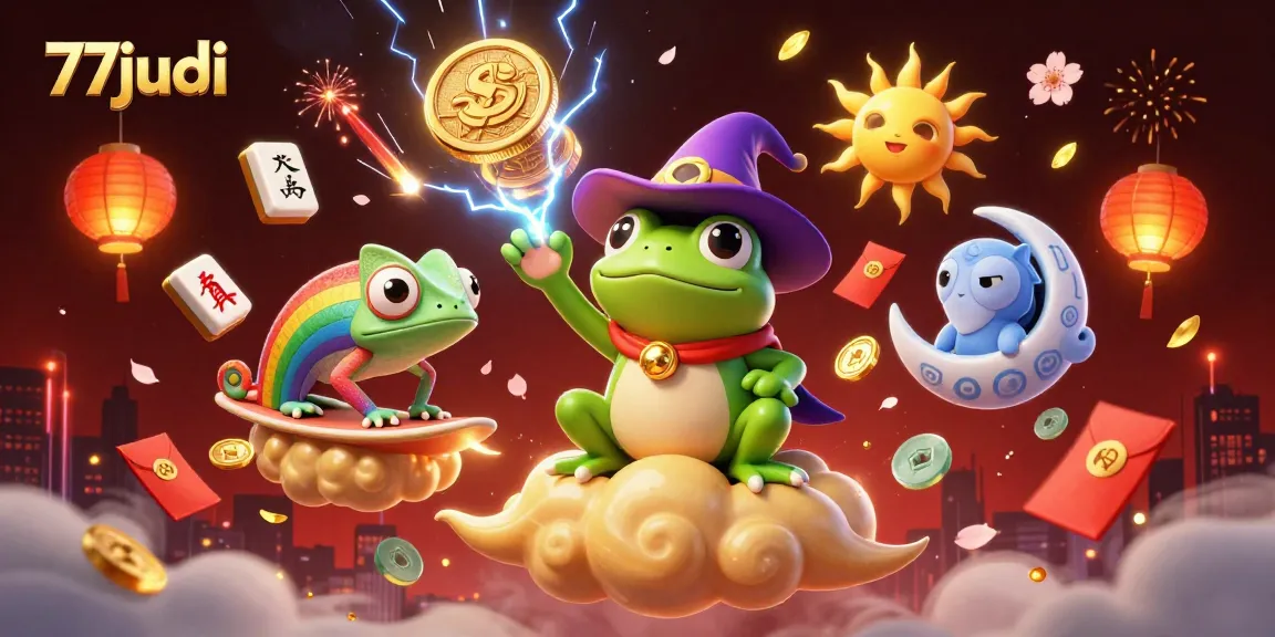 Win big at 77judi with a vibrant 3D digital illustration featuring lucky characters and casino elements