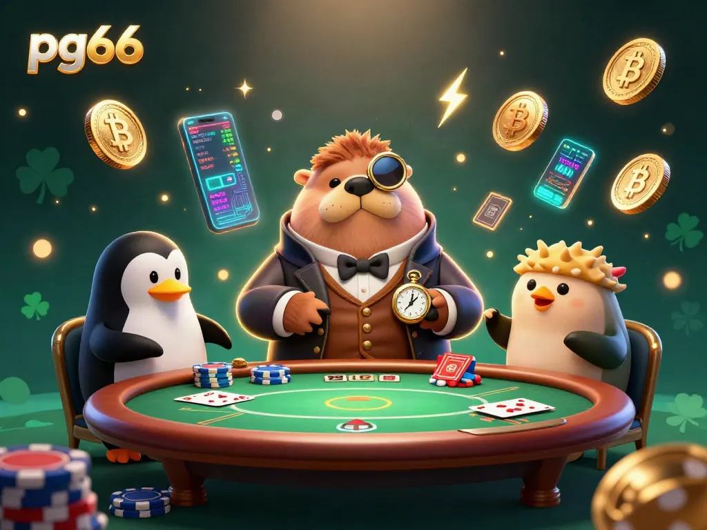 Engage with pg66's underwater poker scene featuring a jolly walrus, penguin dealer, and pufferfish player.